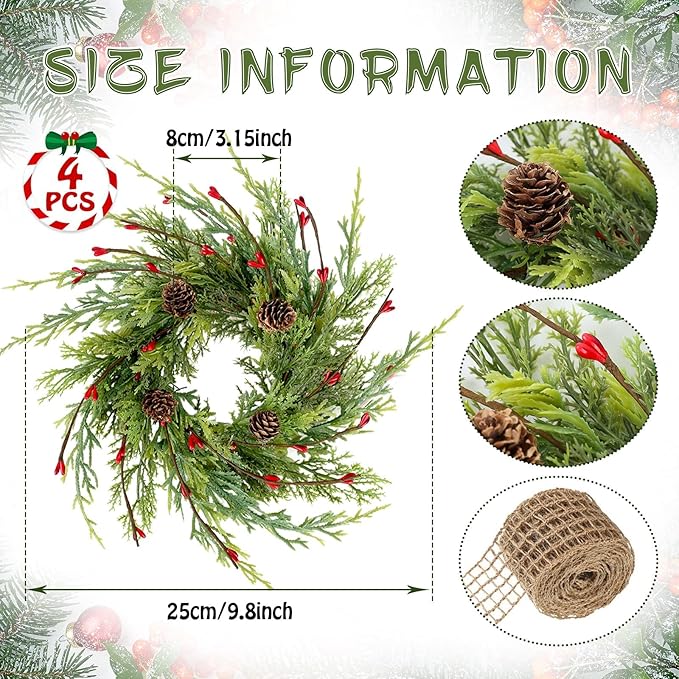 4 Pcs 9 Inch Christmas Wreaths for Kitchen Cabinet Artificial Cedar Pine Hanging Wreath with Red Berries Pine Needles for Front Door Xmas Swag Wreaths for Christmas Winter Farmhouse Home Decorations