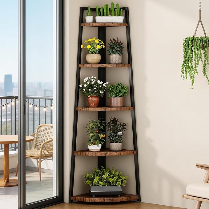 Soild Wood Corner Shelf, 5 Shelf Bookcase for Bathroom & Living Room, Tall Corner Bookshelf with Ladder Design, Space Saving Corner Bookcases (Brown)