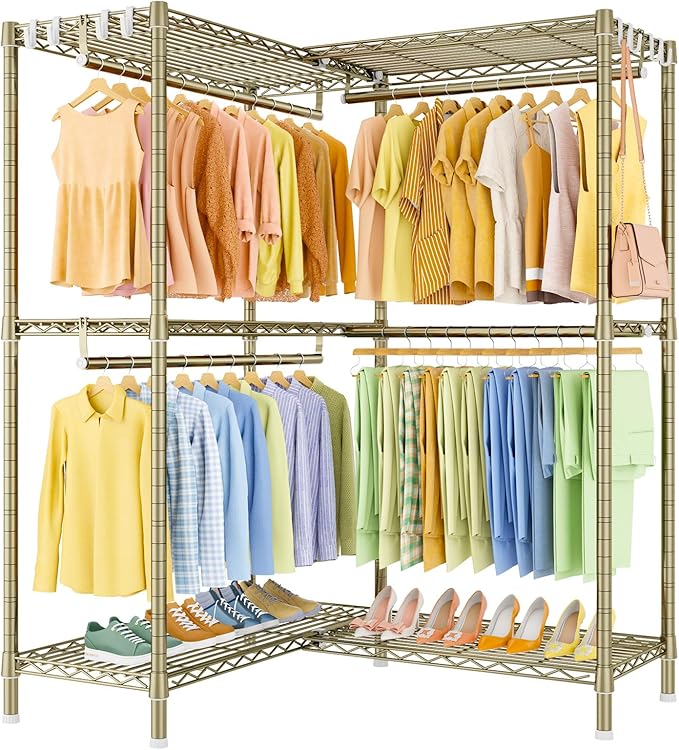 E15 Garment Rack L Shaped Clothes Rack for Corner，Freestanding Clothing Racks for Hanging Clothes，Heavy Duty Closet Organizer with 4 Hanging Rods & 8 S Hooks，43.4" W x 15.8" D x 78.4" H，Gold