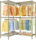 E15 Garment Rack L Shaped Clothes Rack for Corner，Freestanding Clothing Racks for Hanging Clothes，Heavy Duty Closet Organizer with 4 Hanging Rods & 8 S Hooks，43.4" W x 15.8" D x 78.4" H，Gold