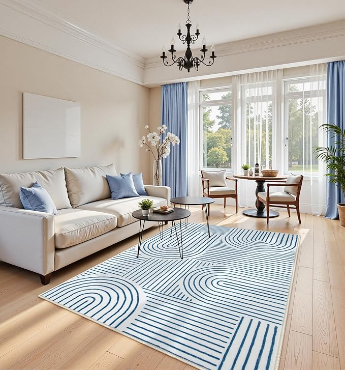 Lahome Abstract Washable Area Rugs 5x7, Soft Blue Rugs for Living Room Ultra-Thin Non-Shedding Bedroom Rug, Modern Throw Rug Large Carpet for Dining Room Classroom Office(5'x7',Blue/White)