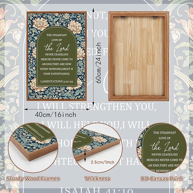 KAlRNE Vintage Christian Floral Framed Canvas Wall Art Set of 3(16”X24”),Boho William Morris Wall Decor,Religious Bible Verse Painting,Inspirational Scripture Art Prints For Living Room Bedroom Church