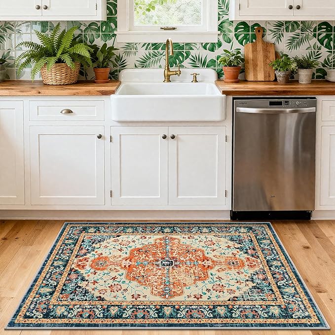 U'Artlines 2x3 Washable Boho Area Rug, Small Non Slip Vintage Doormat for Indoor Front Door Ultra Thin Mat Carpet for Entryway Kitchen Bathroom Bedroom Orange/Multi