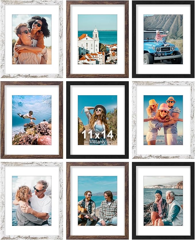 Vittanly 11x14 Picture Frames Set of 9, Display 8x10 Pictures with Mat or 11x14 without Mat, Photo Frames for Wall or Tabletop with Plexiglass, Engineered Wood, Black&Brown&Distressed White