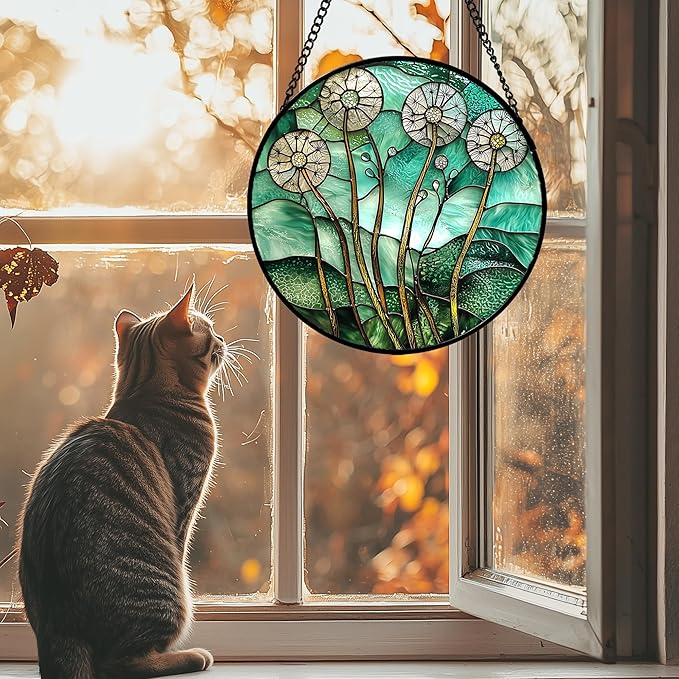 Stained Glass Window Hanging, Green Abstract Lotus Leaves Tree Sun Catcher for Window Door Home Decor Plant Suncatcher Christmas Mother's Day Birthday Gifts for Women Men Mom Nana 7.8 in