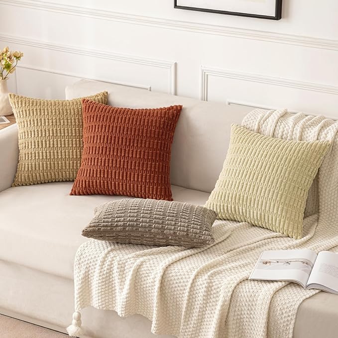 MIULEE Pack of 2 Dark Rust Corduroy Decorative Pillow Covers 20x20 Inch Soft Boho Striped Throw Pillow Covers Modern Farmhouse Home Decor for Summer Sofa Living Room Couch Bed