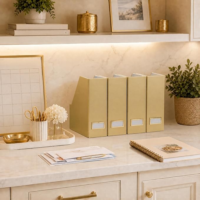 BLU MONACO | Gold Cardboard Magazine File Holder Set of 4 | Vertical Magazine File Holder for Shelves | Standing File Holder Desk Organizer