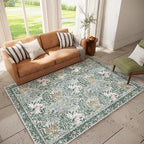 Botanical Floral Area Rug 6x9 Light Green Cream Vintage Garden Design, Perfect for Living Room, Bedroom, Kids Room, Nursery - Stain & Water Resistant Non-Slip, Pet & Child Friendly Area Rugs