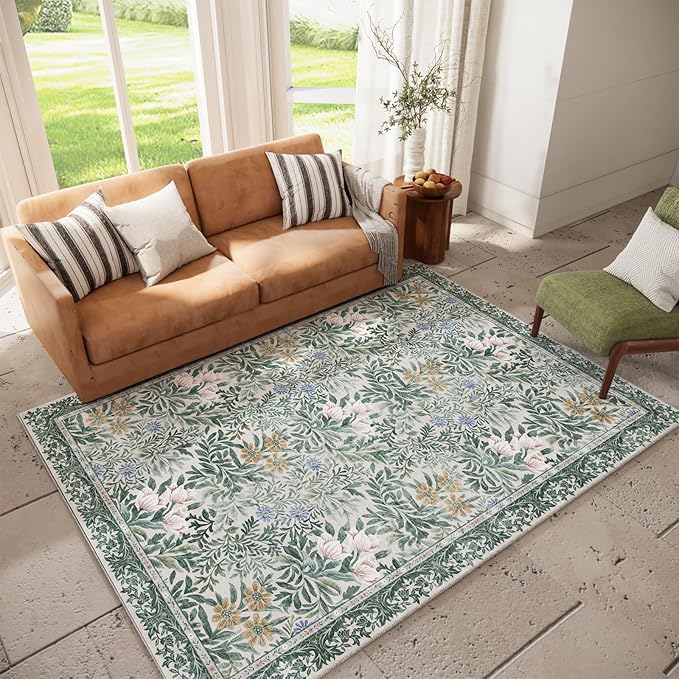 Botanical Floral Area Rug 6x9 Light Green Cream Vintage Garden Design, Perfect for Living Room, Bedroom, Kids Room, Nursery - Stain & Water Resistant Non-Slip, Pet & Child Friendly Area Rugs