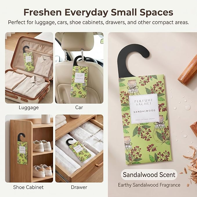 ROSE COTTAGE Large 12 Packs Sandalwood Hanging Closet Deodorizer Air Freshener Long Lasting Scented Sachets Smell Goods for House