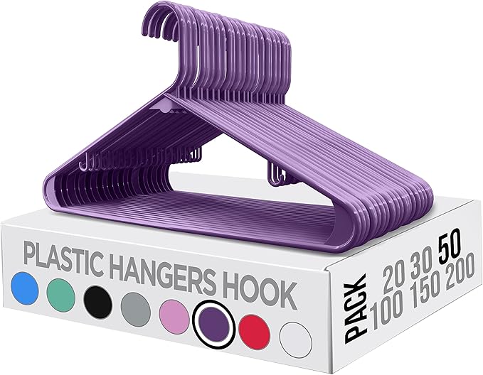 Utopia Home Plastic Hangers 50 Pack - Clothes Hanger with Hooks - Durable & Space Saving Coat Hanger - Heavy Duty Purple Hangers - Skirt Hangers