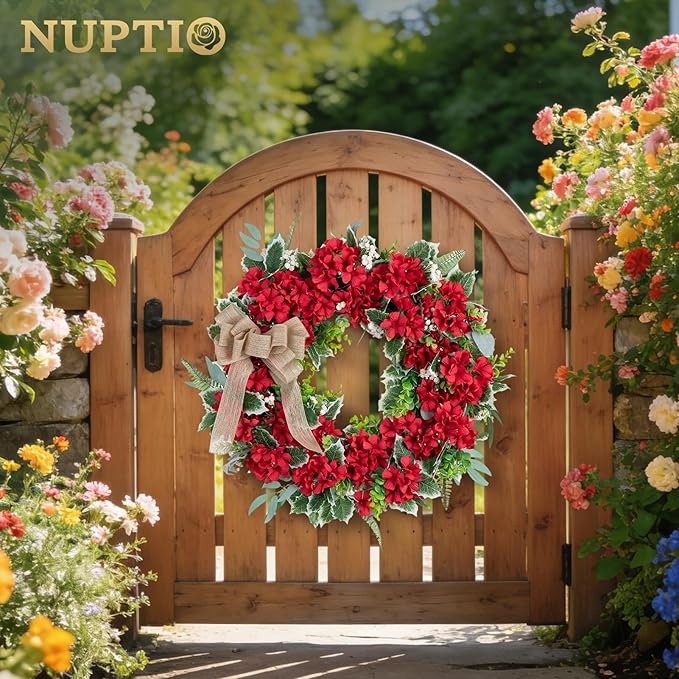NUPTIO Geranium Wreath for Front Door: 24 Inch Summer Red Patriotic 4th of July Wreaths with Greenery Bow Hanger - Outdoor Realistic Artificial Silk Flower Spring Decor for Wall Window Porch Farmhouse