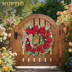 NUPTIO Geranium Wreath for Front Door: 24 Inch Summer Red Patriotic 4th of July Wreaths with Greenery Bow Hanger - Outdoor Realistic Artificial Silk Flower Spring Decor for Wall Window Porch Farmhouse