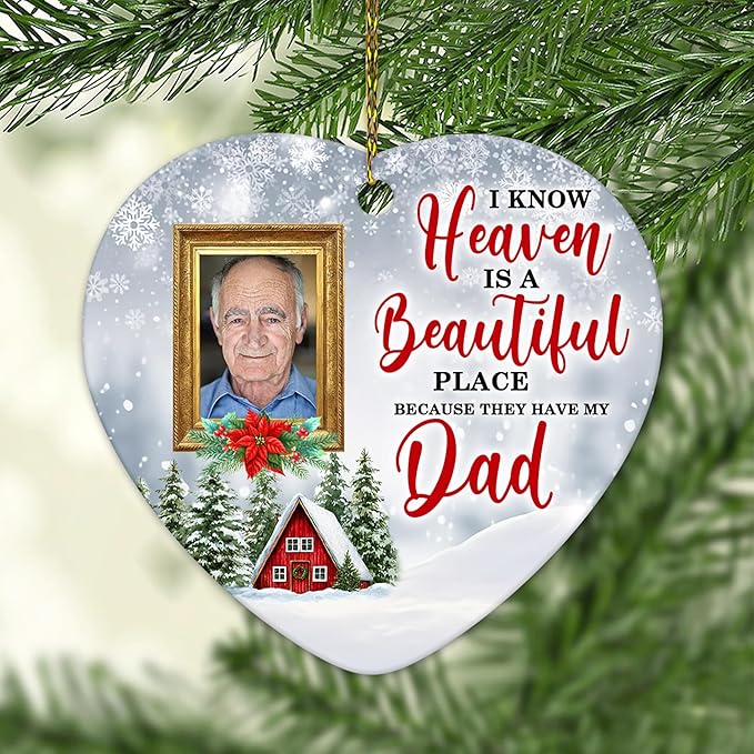HYTURTLE Personalized Memorial Sympathy Christmas Ornament Tree Decor Gifts for Family Loss of Loved One Mom Dad in Heaven - Heaven Beautiful Custom Photo Acrylic Heart Ornament