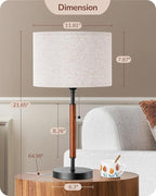 EDISHINE Mid Century Table Lamp Set of 2, Pull Chain Switch Bedside Lamp, Linen Shade, Solid Wood Pole & Black Metal Base, Modern Nightstand Lamp for Bedroom, Living Room, Office, E26 Base