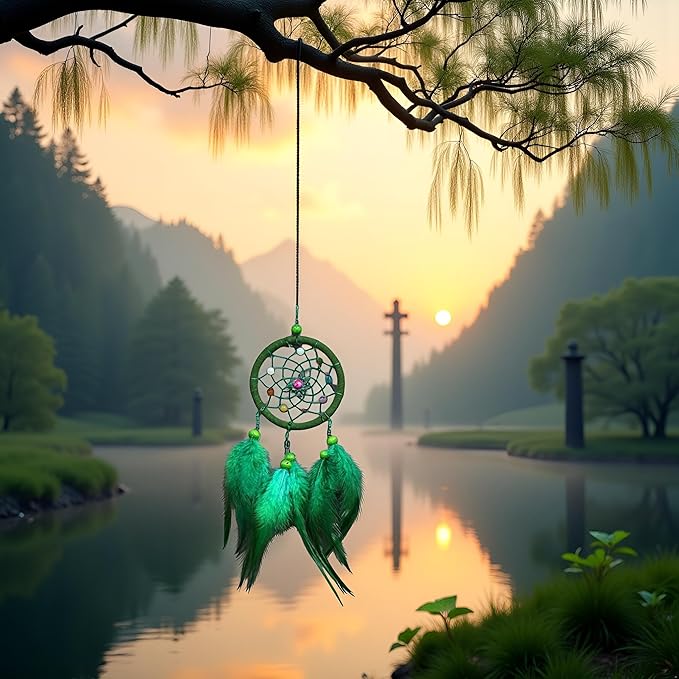 Green Small Dream Catcher with Feathers Wall Hanging Ornament Indian Style Decoration Wind Chimes for Car Home Wall Decor