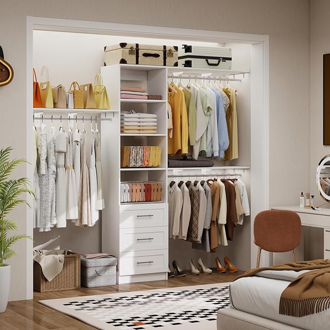 Closet System with Drawers, 5-8FT Closet Organizer Systems with Expandable Hanging Rods, 96" Closet Shelving Systems for Walk in Closets, Heavy Duty Wall Mount Closet Systems-White