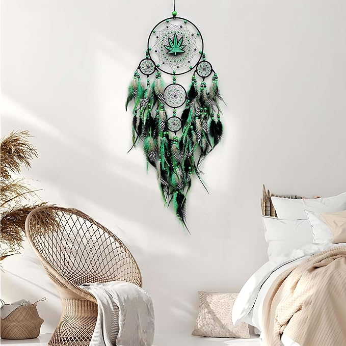 Large Green Leaf Weed Dream Catchers for Bedroom Adult Green Boho Dream Catcher Wall Decor Dorm Living Room Hanging Decoration Festival Gifts