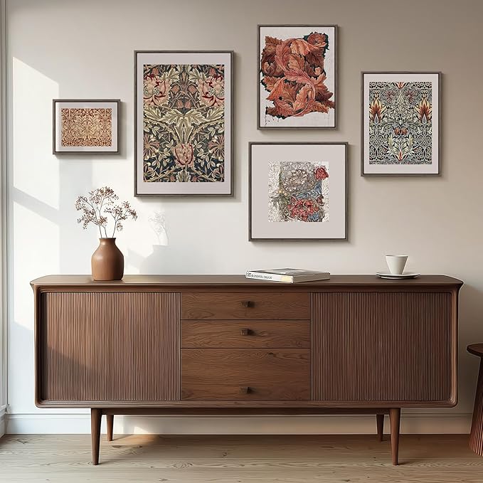 Framed William Morris Gallery Wall Art Set of 5, Vintage Colorful Botanical Floral Prints, Retro Boho Artwork for Living Room, Bedroom, Home Office, Hallway Decor