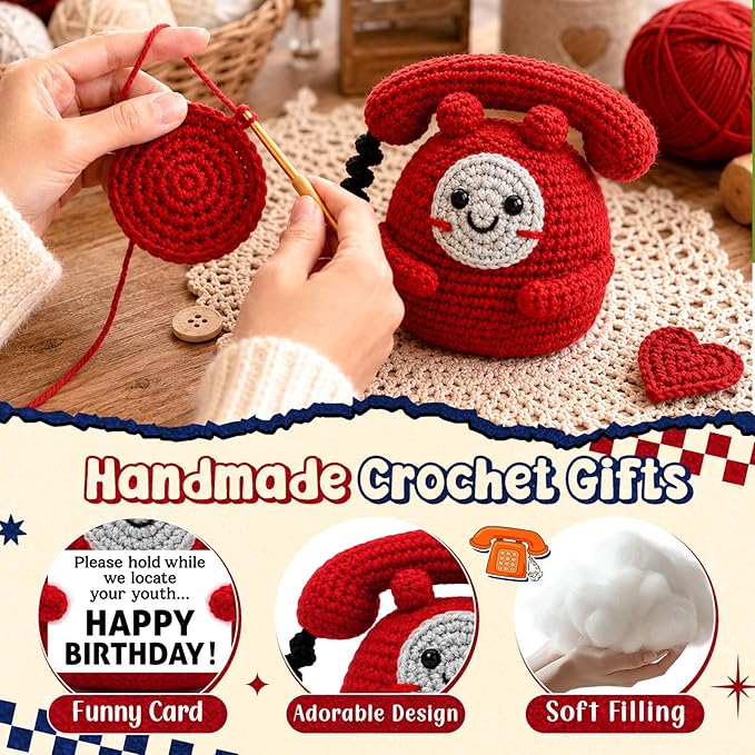 Belatelove Birthday Gifts for Men Women, Handmade Crochet Telephone Doll with Happy Birthday Crad, Funny Gift for Dad, Mom, Best Friend, Coworkers Party & Desk Decor
