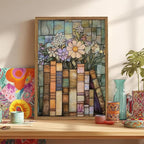YYNISPIN Vintage Book Wildflower Wall Art Moody Stained Glass Book Lover Wall Decor Painting, Whimsical Reading Nook Library Poster Canvas Prints for Cottage Bedroom Living Room 16x24 inch Frame