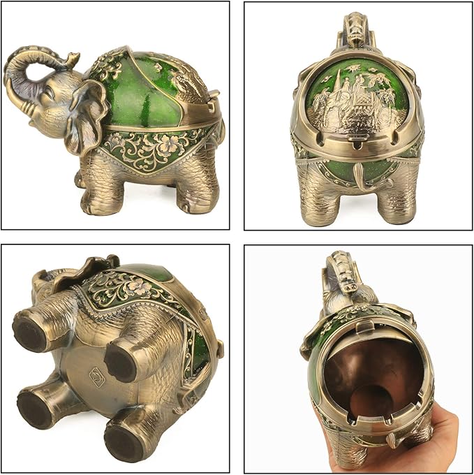 LAUYOO Elephant Decorative Ashtray with Lid for Cigarettes Metal Smoking Ash tray Ashtrays for Smoker Windproof Cigarette ashtrays for Outdoor Indoor Fancy Gift for Men Women Weed Smokers (Dark Green)