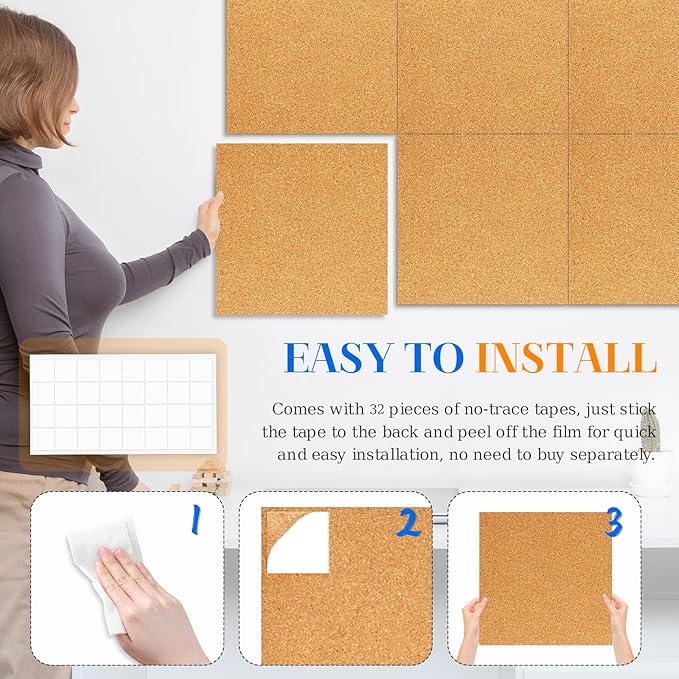 DOLLAR BOSS Cork Board Tiles, 6 Packs 12" x 12" 1/2" Thick Cork Bulletin Board Self Adhesive Corkboards for Walls with 60 Pushpins for Home Office Kitchen School Decor Display