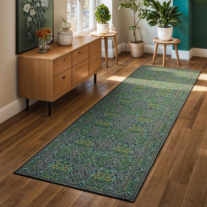 Lessymo Floral Runner Rug for Entryway, 2x6 Kitchen Rugs Non Slip Rubber Ultra-Thin Soft Washable Runners for Hallway, Faux Wool Small Carpet Bedside Rug, Vintage Floral Design Decor, Forest Green