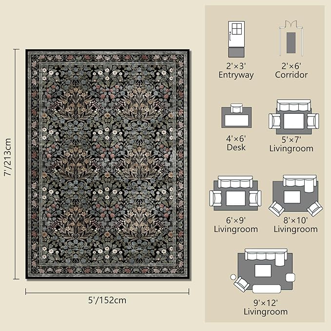 Traditional Design Vintage Floral Area Rug 5 x 7,Washable Area Rugs - Perfect for Living Room, Bedroom, Pet & Child Friendly, Nursery - Stain & Water Resistant Non-Slip, Dining Room Decor