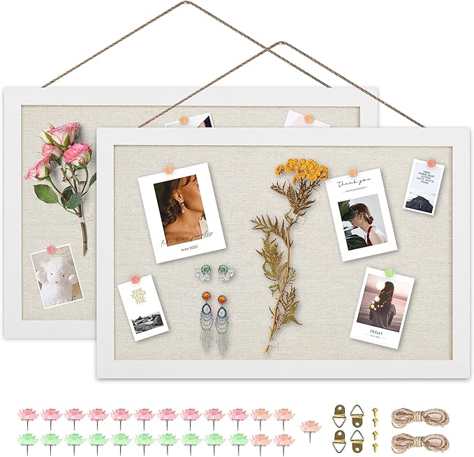 AKTOP 2-Pack Cork Board Bulletin Board 16x11 inch, Small Framed Corkboard with Linen for Wall, Hanging Pin Board Picture Board for Home Office Decor, Cute Vision Board with 25 Pushpins (Vintage White)