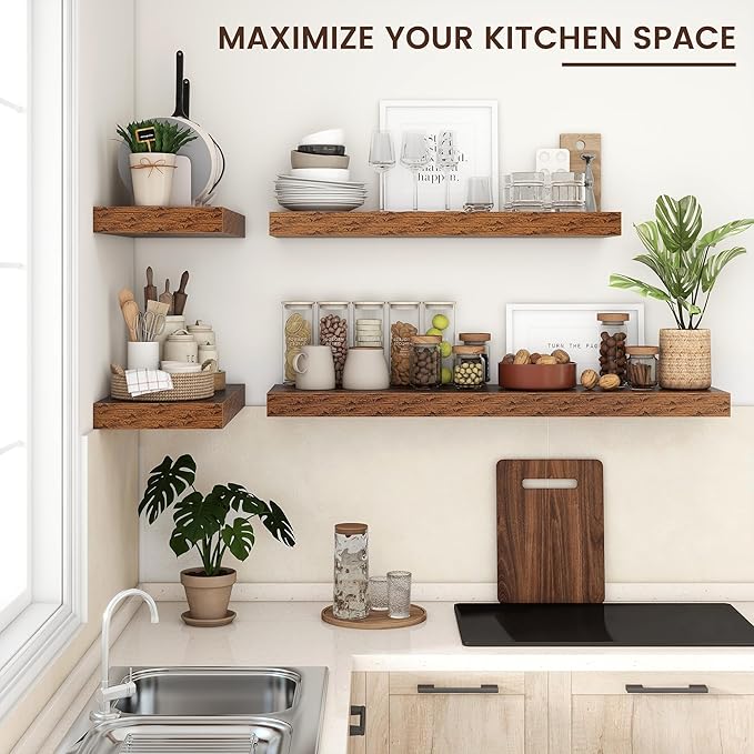 Venusmiles Floating Shelves for Wall, 48 Inch Wide x 12 Inch Deep Floating Shelves, Long Wood Floating Wall Shelf Shelves for Living Room Bathroom Bedroom Kitchen Home - (Brown, 48" W x 12" D x 2" H)