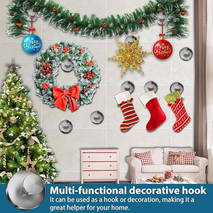 Silver Wreath Hangers for Front Door, Large Suction Cup Wreath Hooks for Halloween Fall Christmas Decorations, Removable and Reusable Wreath Holders for Welcome Sign Window Glass Indoor Outdoor