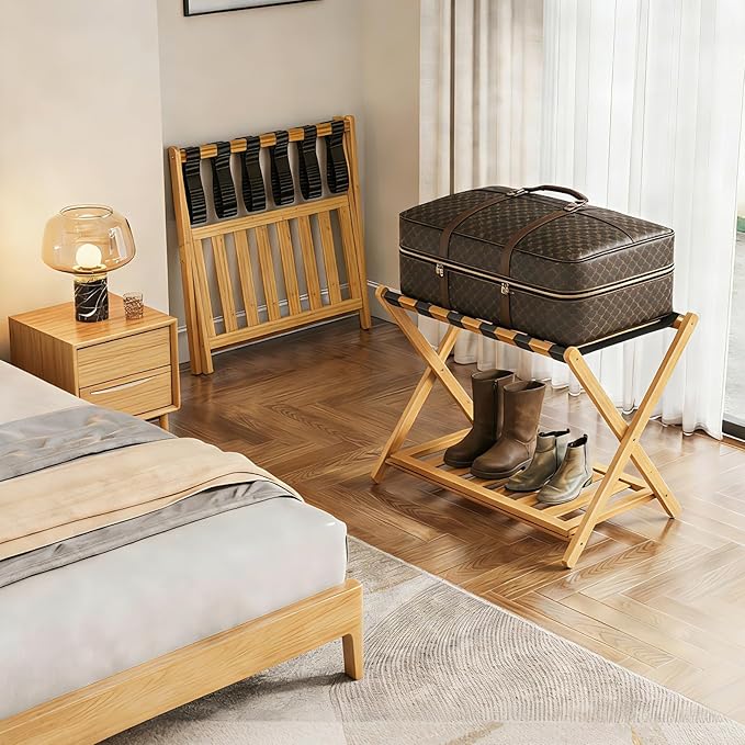 Luggage Rack for Guest Room, Wide Suitcase Stand with Storage Shelf, Folding Luggage Stand Holder for Bedroom Hotel, Bamboo Luggage Rack for Suitcases (Unassembled - 1 Pack Natural)