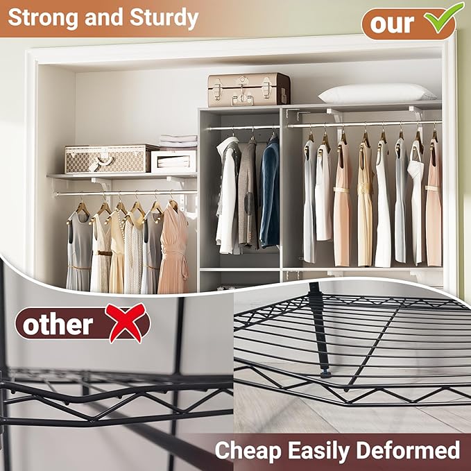8FT Hanging Closet System, 96 Inch Closet Organizer System with Hanging Rod, Walk In Mounted Closet System, Built-In Clothes Garment Rack with 3 Shelving Towers(Can Be Cut To Fit), Grey