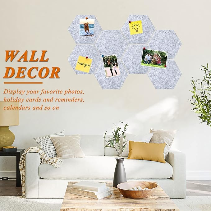 8Pcs Hexagon Felt Cork Board Tiles, Self Adhesive DIY Bulletin Board Pin Board for Office School Home Wall Decor Memos Photos Display (Light Grey)