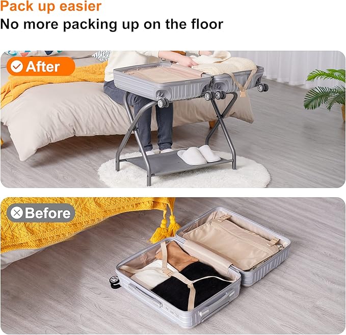 Heybly Luggage Rack for Guest Room, Steel Folding Suitcase Stand with Storage Shelf for Bedroom, Hotel, Foldable Steel Frame, Guest Room Bedroom Hotel, 22.8" L x 11.8" W x 20.9" H, Gray HLR004G1