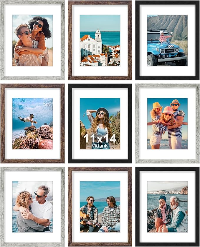 Vittanly 11x14 Picture Frames Set of 9, Display 8x10 Pictures with Mat or 11x14 without Mat, Photo Frames for Wall or Tabletop with Plexiglass, Engineered Wood, Black&Brown&Grey
