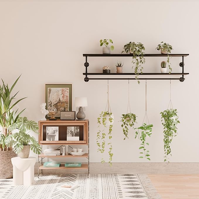 Black Clothes Rack 70in, 2-Tier Wall Mounted Garment Rack with Real Wood Shelf, Heavy Duty Hanging Clothes Rack, Multi-Purpose Hanging Rod, Space-Saving Closet Storage