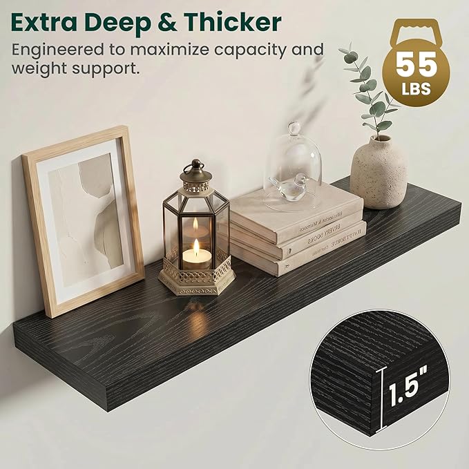 Floating Shelves for Wall 40 in x 9.3 in Deep, Wall Mounted Rustic Wood Shelf with Invisible Brackets for Storage & Display, Living Room Bedroom Bathroom, Black, 2 Pack