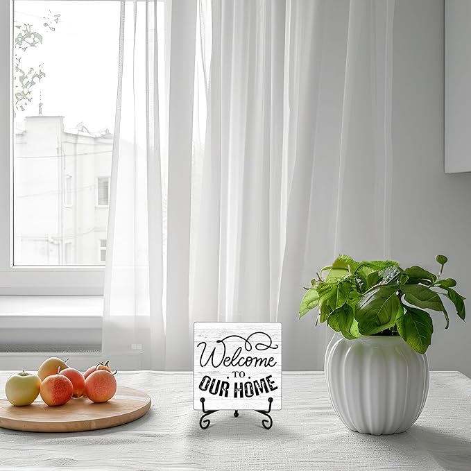 Welcome Home Sign, Welcome to Our Home Sign, Kitchen Decor and Accessories, Farmhouse Wooden Plaque with Iron Stand for Desk Shelf Decor-A16
