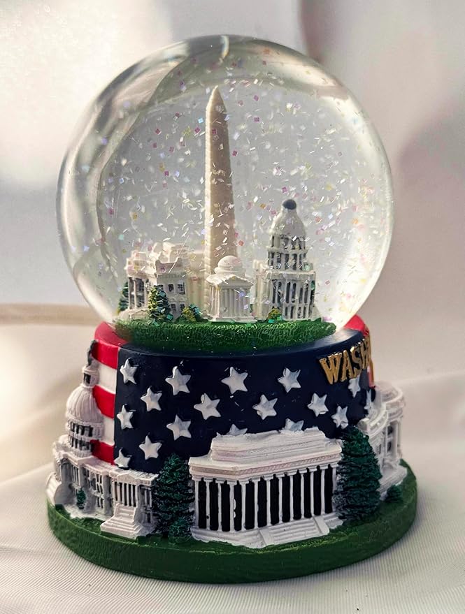 Washington, D.C. Snow Globe with Famous Buildings and Monuments - American Flag Base - Large