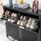4 Flip Drawers Shoe Cabinet Storage for Entryway, Narrow Hidden Shoes Organizer Wood Cabinet Front Door Free Standing Entrance Thin Front Door Shoe Rack Storage for Entryway(Black)