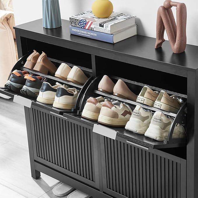 4 Flip Drawers Shoe Cabinet Storage for Entryway, Narrow Hidden Shoes Organizer Wood Cabinet Front Door Free Standing Entrance Thin Front Door Shoe Rack Storage for Entryway(Black)