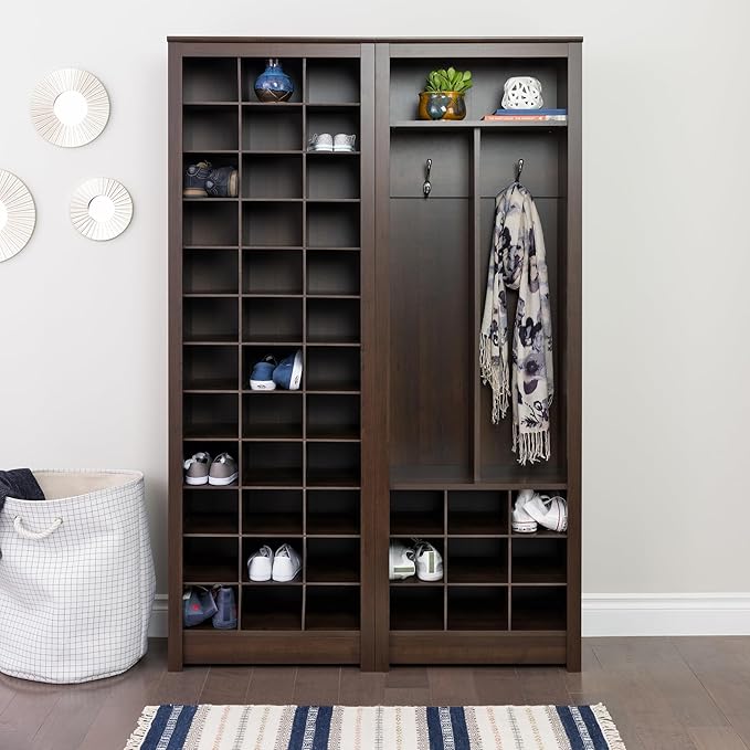 Prepac Elegant Brown Shoe Storage Cabinet, Space-Saving Solution with Cubbies for 36 Pairs, 13"D x 23.5" W x 72.5" H