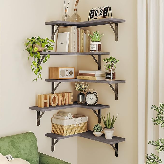 Fixwal Corner Floating Shelves Set of 5, Rustic Wood Wall Mounted Corner Shelf for Bathroom, Kitchen, Bedroom, Home Decor, Laundry Room, Living Room(Gray)