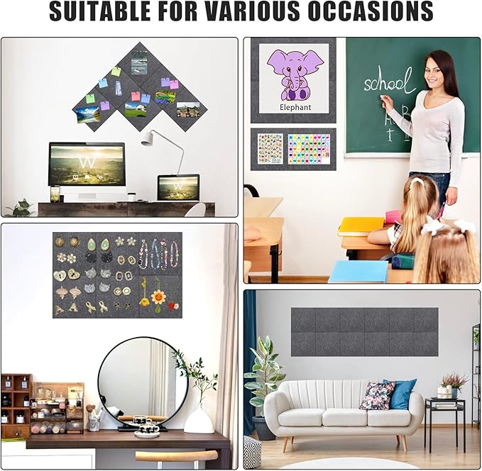 Large Cork Board Alternative 36" X 24" Bulletin Board - 6 Pack Removable Felt Wall Tiles, Cork Wall Tiles Bulletin Board Home Office Essentials - Dark Gray