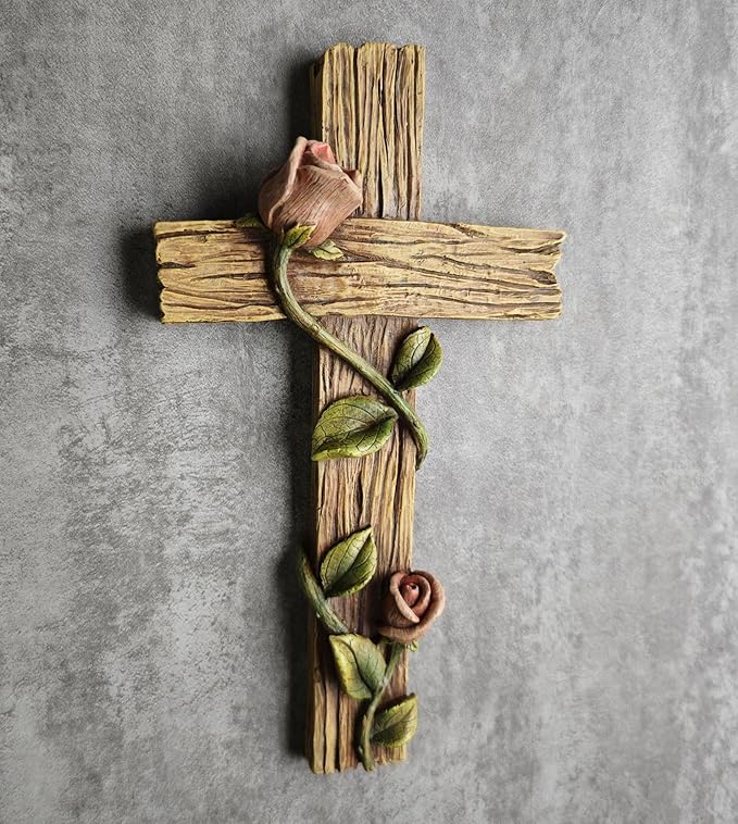 BC Home Decor 8.25" H Mystical Rose Cross for Wall, Wood Carve Looking Spring Rustic Catholic Home Decor, Mother's Day Religious Gift, Handpainted by Buildclassic