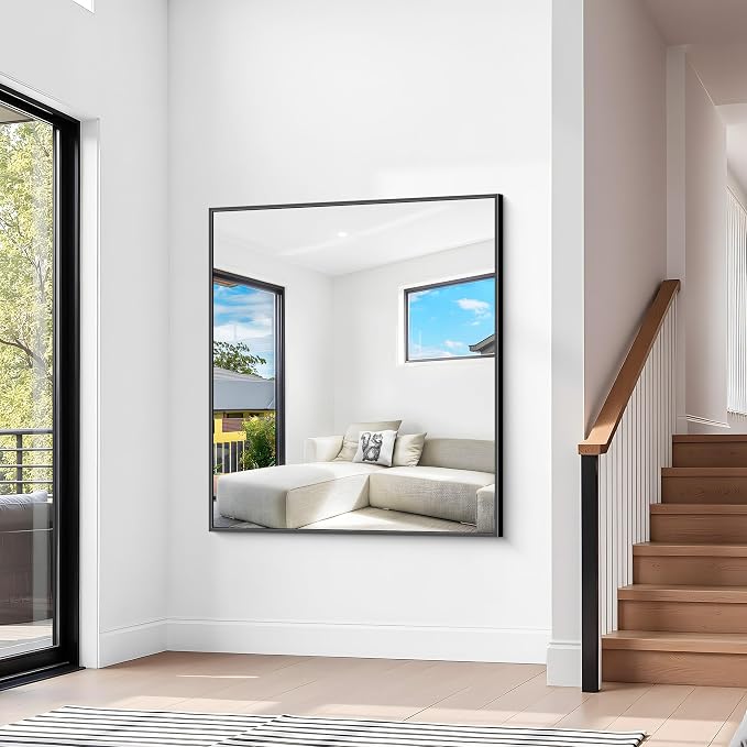 BONEWEI Bathroom Mirror,36x40 inch Wall Mirror for Bathroom Wall Mounted Black Rectangle Square Corner Mirrors, Black Bathroom Mirror for Living Room, Farmhouse, Bedroom Entryway, Horizontal/Vertical
