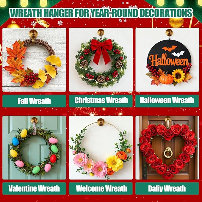 Wreath Hangers for Front Door, Suction Cup Hooks for Door Wreaths, No Damage Door Wreath Hanger for Over The Door/Glass Window/Outdoor, Christmas/Thanksgiving/Halloween/Holiday (Gold, 2-Pack)