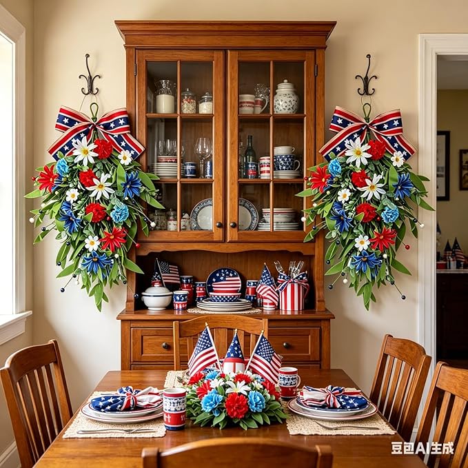 2 Pack 21'' Patriotic Swag Wreaths for Cabinets Artificial 4th of July Teardrop Wreath with Carnations and Daisies Red White Blue Floral for Independence Day Memorial Day Front Door Porch Window Wall